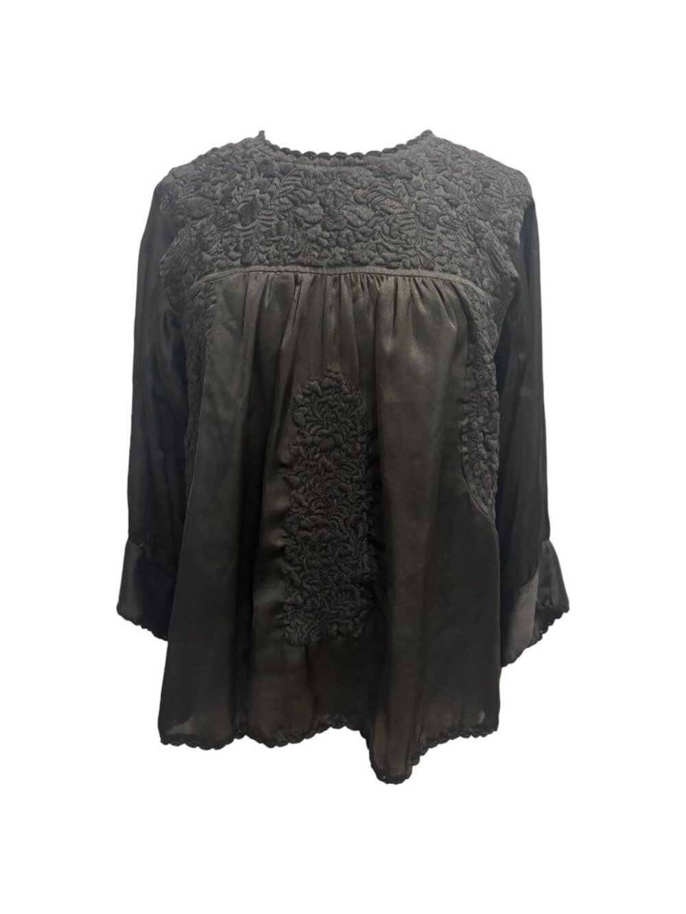 Sister Mary Black Embroidered Boho Peasant Blouse Tassel Tie Long Sleeve Size M - Picture 2 of 7